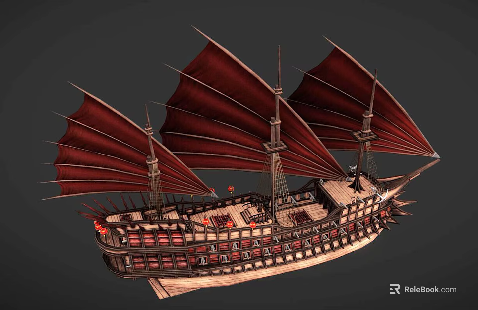Vintage Wooden Sailing Ship Featuring Red Sails Multiple Masts And Ornate Hull Design 3d model 