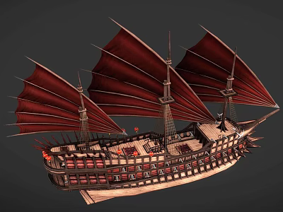 Vintage Wooden Sailing Ship Featuring Red Sails Multiple Masts And Ornate Hull Design 3d model