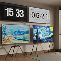 Modern TVs Displaying Time Landscape Painting And Starry Night On Stands In Living Room