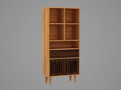 Modern Wooden Decorative Cabinet With Open Shelves And Vertical Slat Design 3d model