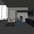 Modern Kitchen Interior Design With Grey Cabinets Black Island Counter And Large Scenic Windows