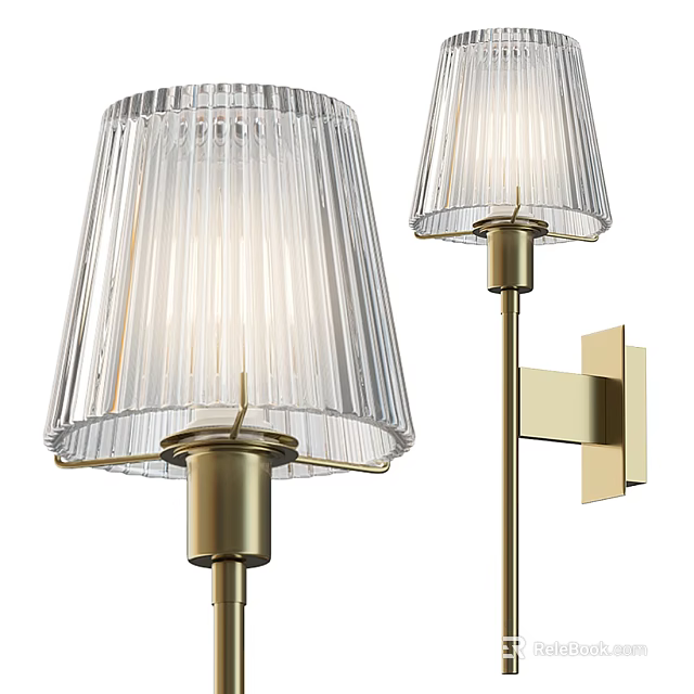 Stylish Contemporary Wall Lamp With Clear Ribbed Glass Shade And Brass Metal Wall Mounted Design 3d model 