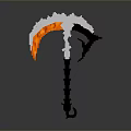 Pixel Art Style Scythe Weapon With Flaming Orange Blade And Dark Handle Design