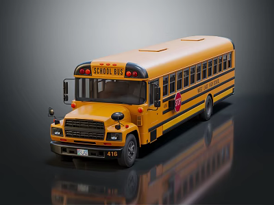 Yellow School Bus With Stop Sign License Plate 418 On Reflective Dark Surface 3d model