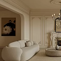 Classic Living Room Interior With Elegant Chandelier Fireplace Two Sofas And Round Coffee Table