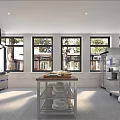 Professional Modern Commercial Kitchen Interior With Stove Range Hood Worktables Storage Cabinets And Windows