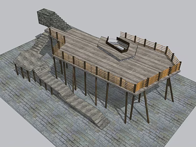 Elevated Wooden Platform Structure With Stairs Railings And Stone Paved Ground 3d model