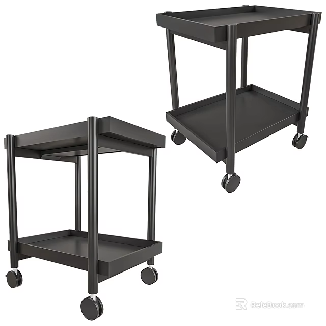 Black Metal Frame Side Table With Two Tier Shelves And Rolling Casters 3d model