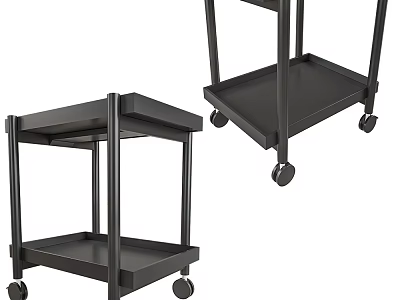 Black Metal Frame Side Table With Two Tier Shelves And Rolling Casters 3d model