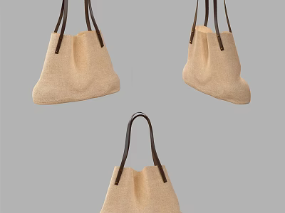 Beige Fabric Tote Bags With Dark Leather Handles And Simple Design 3d model