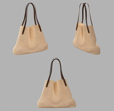 Beige Fabric Tote Bags With Dark Leather Handles And Simple Design 3d model