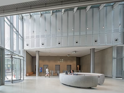 Curved Reception Desk in Modern Lobby with Glass Doors High Ceiling and Metal Walls 3d model