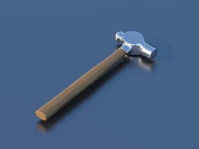 Shiny Hardware Tools Hammer with Metal Head and Wooden Handle on Blue Background 3d model