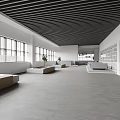 Modern Front Desk Reception Area With White Walls Black Ceiling And Glass Railing Staircase