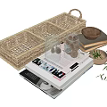 Decorative Ornament Set With Woven Basket Glass Jars Pine Cones Books And Wooden Bowl Greenery