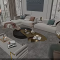 Modern Sectional Sofa And Coffee Table Set With Round Gold Frame Throw Pillows And Rug 3d model