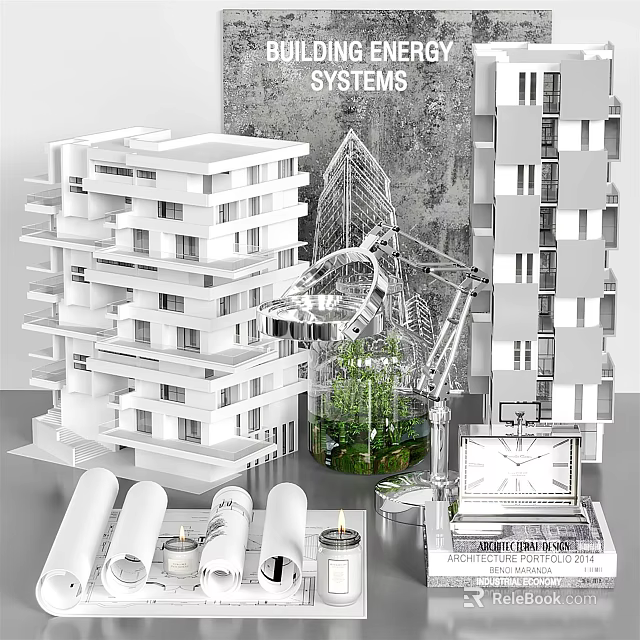 Modern Decorative Ornament Set with Architectural Models Crane Glass Container Green Plants Blueprint Rolls Candles 3d model 