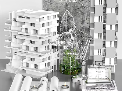 Modern Decorative Ornament Set with Architectural Models Crane Glass Container Green Plants Blueprint Rolls Candles 3d model
