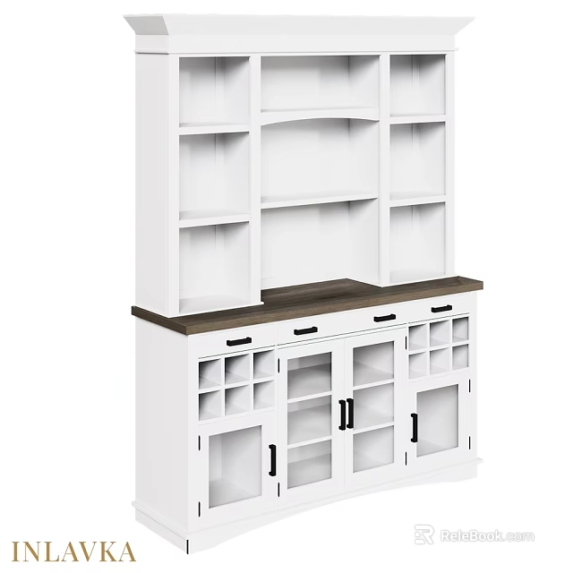 White Sideboard with Wooden Top Drawers Cabinet Doors and Open Shelves 3d model 