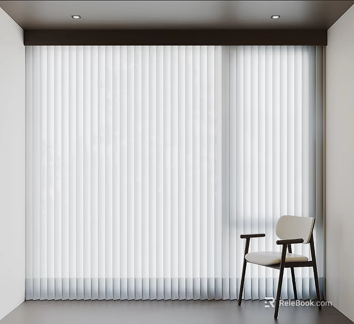 Modern Interior With White Vertical Blinds And Wooden Accent Chair 3d model 