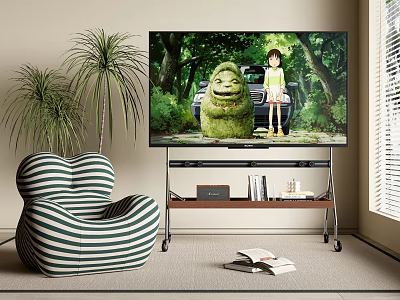 Large TV Displaying Animated Scene With Striped Chair Potted Plant And TV Stand 3d model