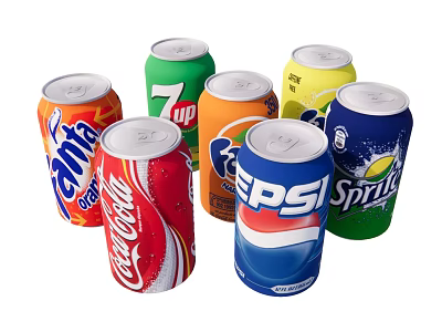 Assorted Carbonated Soft Drink Cans With Popular Brands Like Coca Cola Pepsi Fanta Sprite 7up 3d model