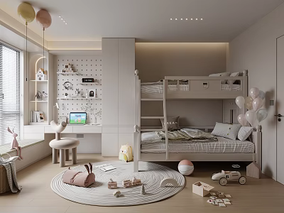 Cheerful Kids Room Interior Design With Bunk Bed Desk Toys Pastel Balloons And Round Rug 3d model