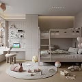 Cheerful Kids Room Interior Design With Bunk Bed Desk Toys Pastel Balloons And Round Rug