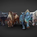 Colorful 3D Rendered Triceratops Models In Dynamic Running Poses With Detailed Textures