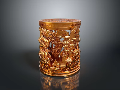 Golden Cylindrical Dragon Sculpture With Intricate Hollowed Carving And Detailed Patterns 3d model