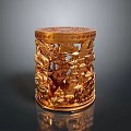 Golden Cylindrical Dragon Sculpture With Intricate Hollowed Carving And Detailed Patterns