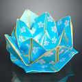 Blue Lotus Shaped Decorative Household Item with White Floral Patterns and Gold Trim