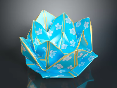 Blue Lotus Shaped Decorative Household Item with White Floral Patterns and Gold Trim 3d model