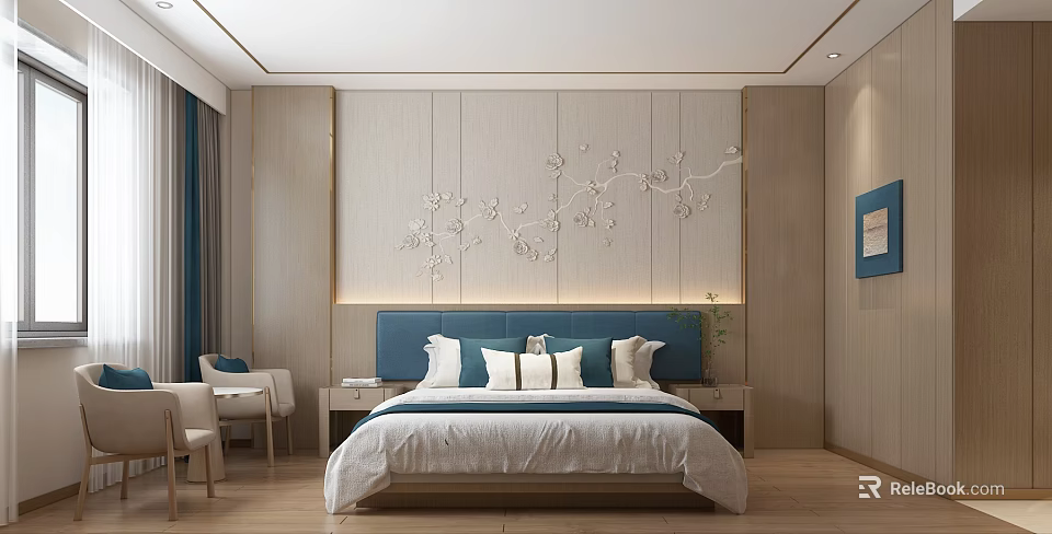 Modern Hotel Guest Room Featuring Light Wood Panel Wall White Floral Relief And Blue Headboard 3d model 