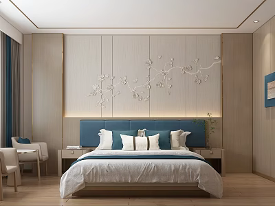 Modern Hotel Guest Room Featuring Light Wood Panel Wall White Floral Relief And Blue Headboard 3d model