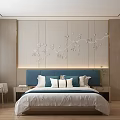 Modern Hotel Guest Room Featuring Light Wood Panel Wall White Floral Relief And Blue Headboard