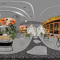 Modern Restaurant Interior With Unique Ceiling Design Green Plants And Cozy Seating Area