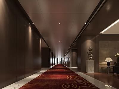 Elegant Hotel Public Lounge Area With Dark Walls Red Carpet Marble Flooring And Lighting 3d model