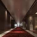Elegant Hotel Public Lounge Area With Dark Walls Red Carpet Marble Flooring And Lighting