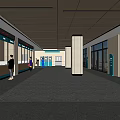 Spacious Public Hall Interior With Service Counters Windows Ceiling Lights And People 3d model