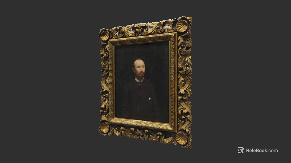 Classic Portrait Painting of a Man in Dark Clothing with Golden Ornate Frame 3d model 