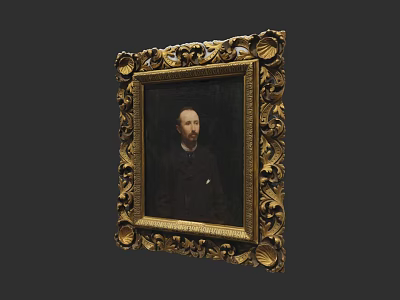 Classic Portrait Painting of a Man in Dark Clothing with Golden Ornate Frame 3d model