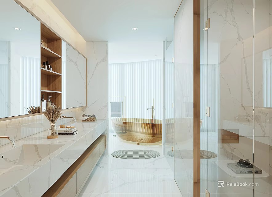 Modern Bathroom Interior Design With Marble Vanity Bathtub Glass Shower And Mirror 3d model 