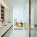 Modern Bathroom Interior Design With Marble Vanity Bathtub Glass Shower And Mirror