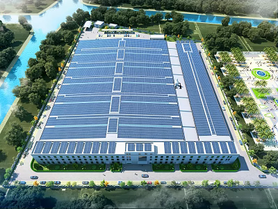 Modern Industrial Factory With Solar Panels on Roof and Green Surroundings Near River 3d model