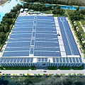 Modern Industrial Factory With Solar Panels on Roof and Green Surroundings Near River