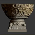 Antique Carved Stone Urn With Elaborate Relief Sculptures And Square Base