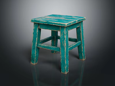 Rustic Distressed Turquoise Green Wooden Stool With Square Seat And Four Legs 3d model