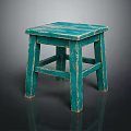 Rustic Distressed Turquoise Green Wooden Stool With Square Seat And Four Legs