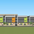 Modern Kindergarten Building With Large Glass Windows Colorful Accent Panels Outdoor Trees And Playground Area